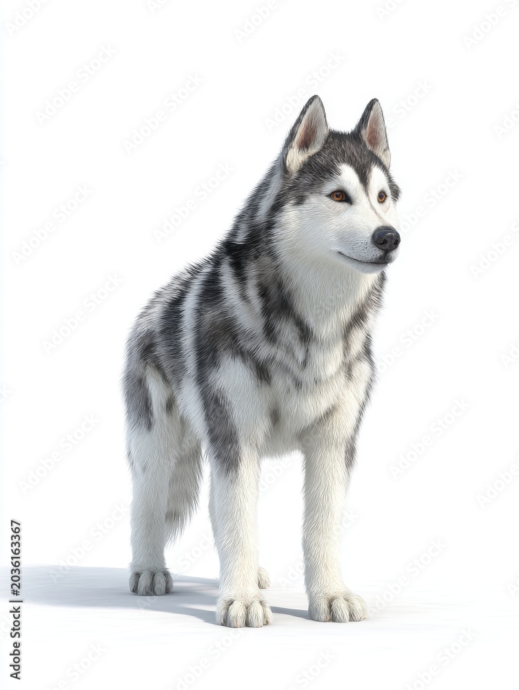 Obraz premium Majestic Siberian Husky Dog Standing Outdoors On A Snowy Day With White Background And Shadow