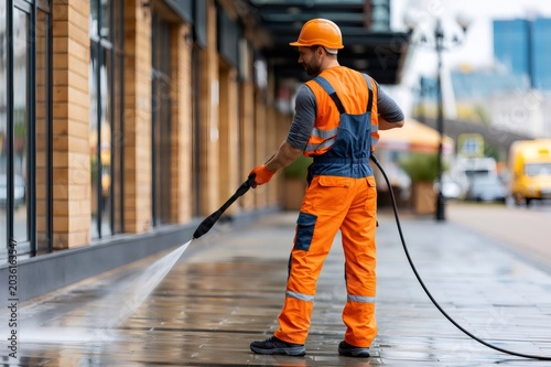 Worker pressure washing urban pavement service and maintenance