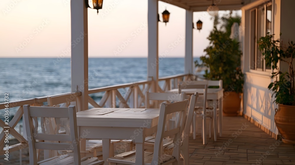 Fototapeta premium Serene seaside cafe balcony illuminated by warm golden hour light creating a peaceful and tranquil atmosphere