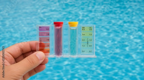 Checking swimming pool water chemistry with pH and chlorine test kit