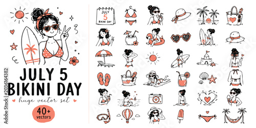 Cuadro en lienzo Bikini Day July 5 huge vector set, hand drawn summer beach girl icons, 40 plus d