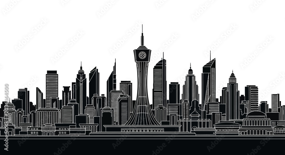 Fototapeta premium Macau City Skyline Silhouette, Vector Illustration of Landmarks