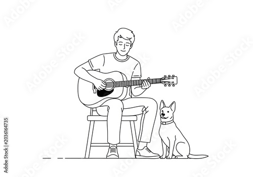 A young man sitting on a stool, playing an acoustic guitar with his dog sitting beside him, black and white line drawing illustration