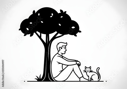 A man and his cat find solace under the shade of a large tree, enjoying a peaceful moment of companionship and quiet contemplation in nature