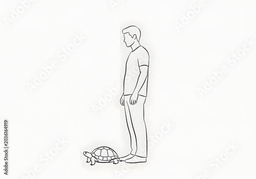 Person standing next to a tortoise, symbolizing slow progress or patience. A simple, artistic line drawing with a minimalist aesthetic, suitable for concepts about time and growth