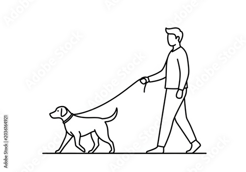 A Person Walking a Dog on a Leash Outdoors, a Simple Black and White Line Drawing Depicting Companionship and Daily Activity