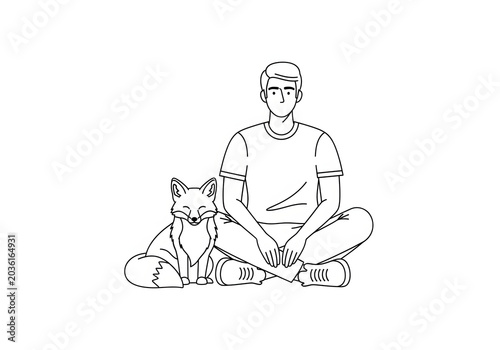 Person and a Fox Sitting Together in a Peaceful and Serene Outdoor Setting, Symbolizing Friendship and Nature Connection
