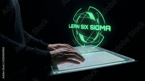 Person using futuristic tablet interface to learn six sigma process improvement methodology.