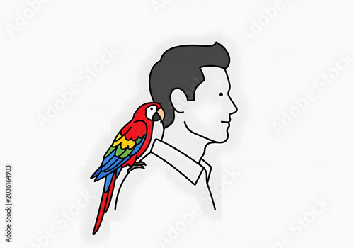 A man's profile with a colorful parrot perched on his shoulder, showcasing a unique human-animal bond in a simple illustration