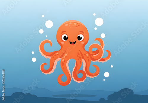 An adorable, smiling orange octopus with big eyes and tentacles spread wide, swimming in clear blue water with bubbles, a charming sea creature illustration