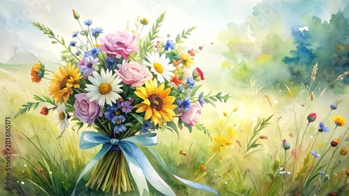 Vibrant watercolor bouquet of wildflowers with daisies sunflowers and roses tied with blue ribbon in a sunny meadow