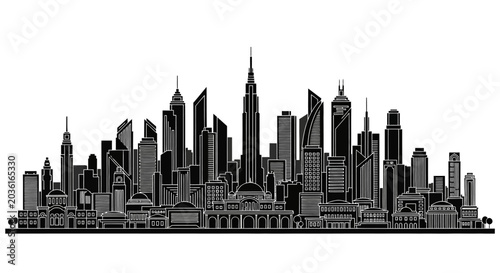 Modern City Skyline Silhouette, Minimalist Urban Architecture Design