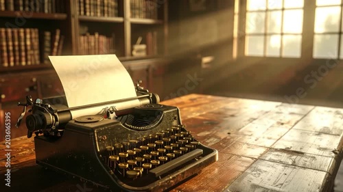 Vintage typewriter on a wooden desk in a library bathed in warm sunbeams from window
