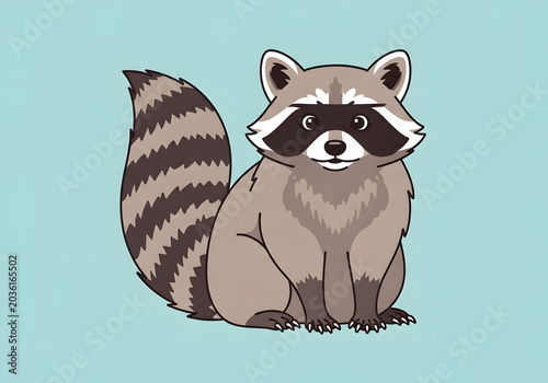 Cute raccoon illustration, a furry mammal with a distinctive masked face and a bushy, ringed tail, sitting patiently against a serene blue background