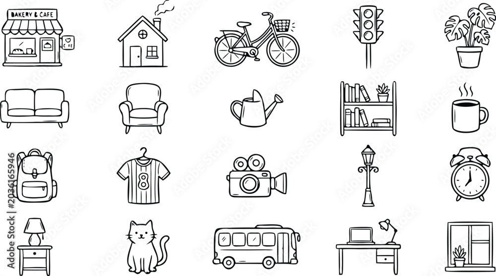 Fototapeta premium Everyday lifestyle outline icon vector collection with cafe furniture bicycle home backpack camera bus and workspace symbolsEveryday lifestyle outline icon vector collection with cafe furniture bicycl