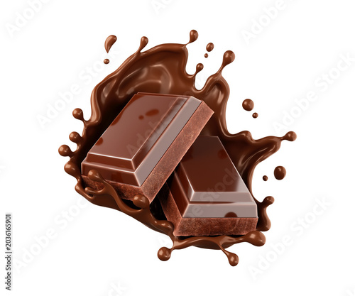 Chocolate Bar Pieces Falling into Liquid Splash with Droplets Isolated