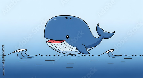 A cartoon whale surfacing in the ocean with waves, featuring a smiling blue whale with its mouth open and tongue showing, conveying joy and a sense of wonder