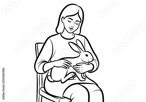 A calm woman sitting on a chair gently holding a white rabbit in her arms, illustrating a gentle and loving interaction between humans and pets