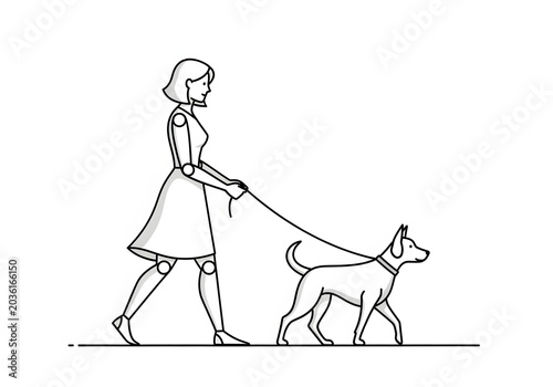 Woman walking her dog on a leash, a simple line drawing in black and white, illustrating pet ownership and daily routines