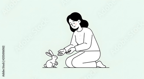 Woman kneeling to feed a small white rabbit, gentle interaction and pet care, symbolizing kindness, nature, and a moment of connection