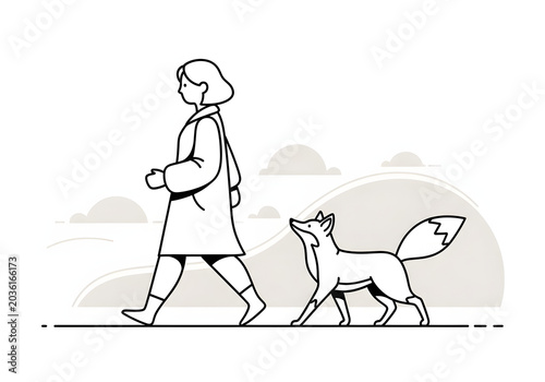 A person walks with a fox, illustrating a harmonious coexistence between humans and wildlife in a serene outdoor setting