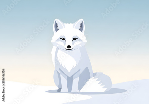 An adorable white arctic fox sitting in a snowy landscape, a beautiful winter scene illustration depicting a wild animal in its natural habitat, arctic wildlife