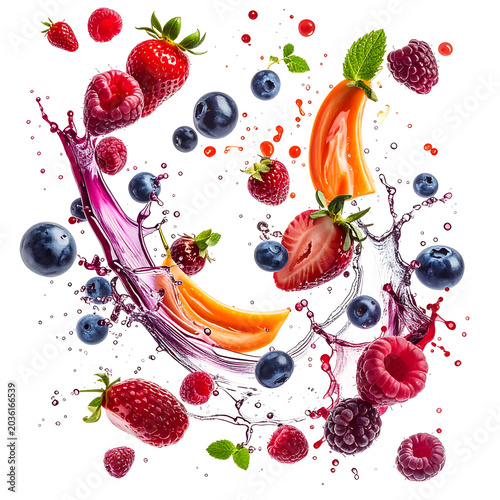 Mixed berries and melon slices frozen in a dynamic splash of purple liquid, vibrant fruit explosion with seeds and mint leaves
