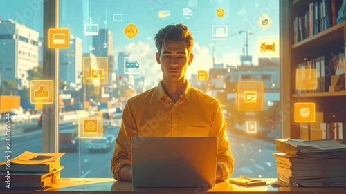 Young businessman working on laptop in office with futuristic digital overlay and city view