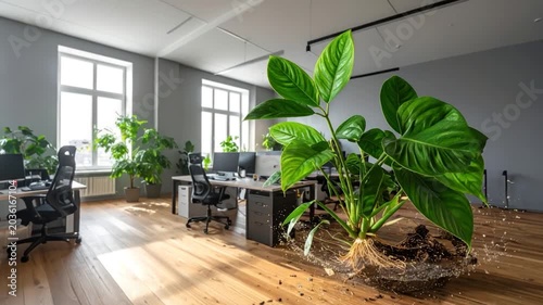 Vibrant green plant with roots breaking out of soil overflowing into modern office space
