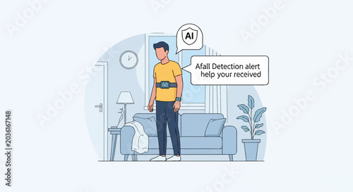 Illustration of a man in a living room wearing a wearable AI fall detection belt and smartwatch, with a speech bubble notification for an emergency alert help received system.