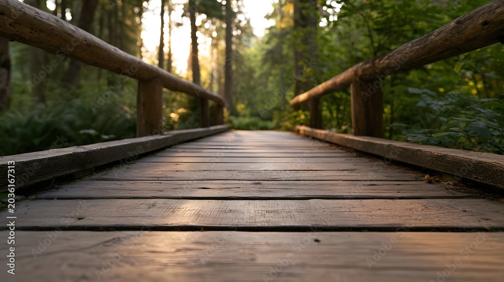Fototapeta premium A wooden bridge extends into a lush forest bathed in warm golden hour sunlight