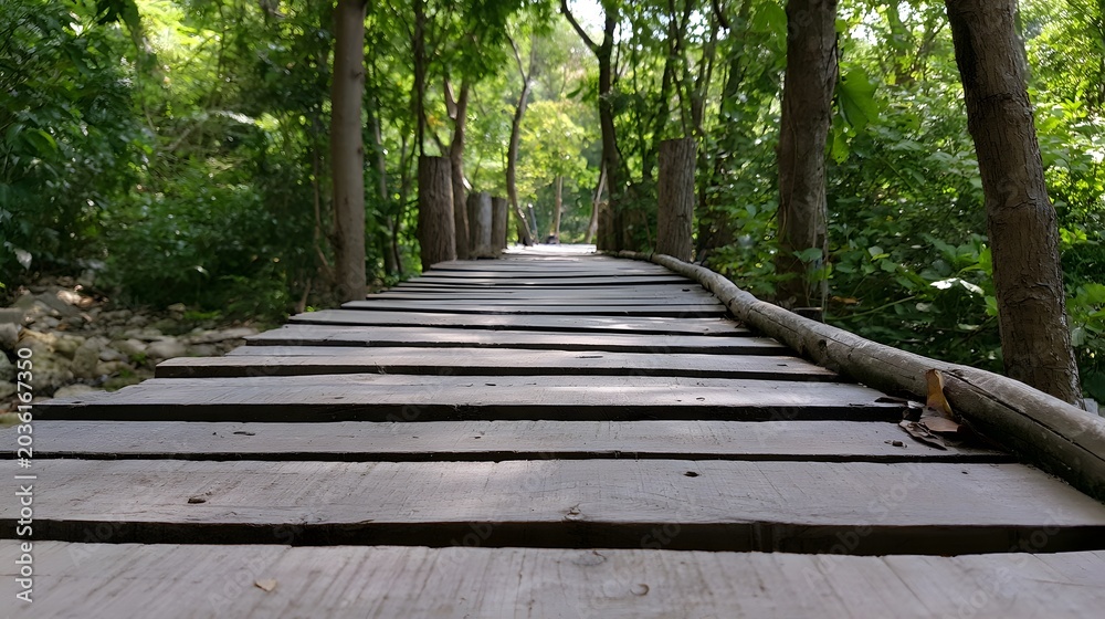 Obraz premium An adventurous wooden bridge stretches through a lush dense forest under bright midday sunlight