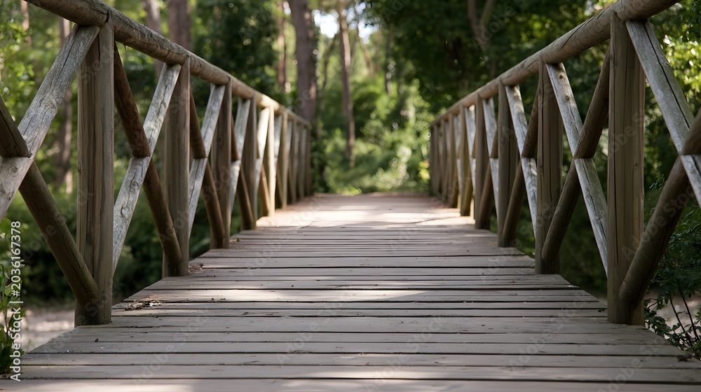 Fototapeta premium A rustic wooden bridge stretches through a dense vibrant forest inviting explo n into the scenic wilderness