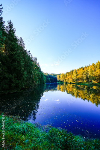 A view of the Weissbach pre-reservoir and the surrounding landscape. Nature at the reservoir in Saxony, near Stützengrün.
