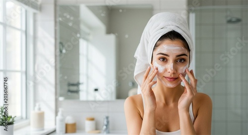 Self-care routine with facial mask in bright bathroom