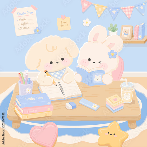 Studying Puppy and Bunny Friends at Desk