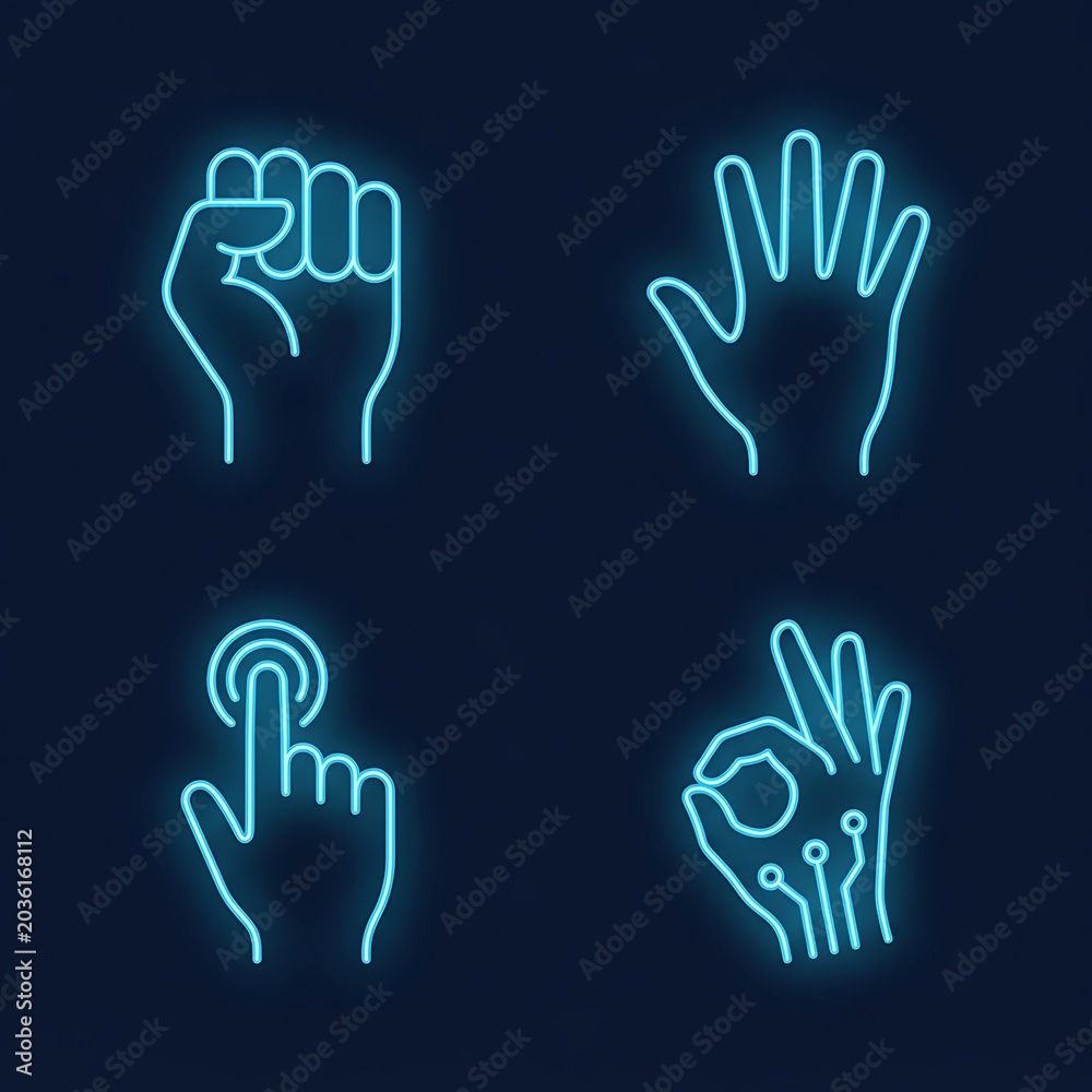 Fototapeta premium Collection of four glowing neon blue hand gestures and icons on dark background representing different actions and communication