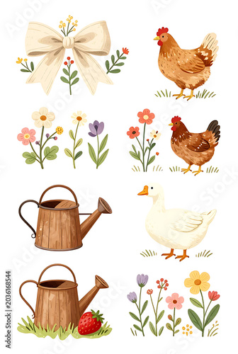set of spring flowers and birds