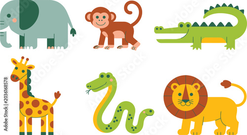 Photography Simple cartoon illustration of six safari animals including elephant monkey and