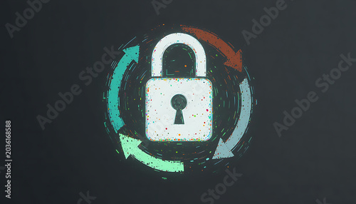 A white padlock with multicolored splatters and arrows on a dark background representing security and rotation