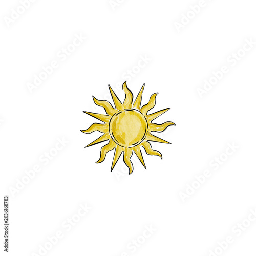 Yellow sun icon, bright sunshine symbol, solar illustration, warm weather graphic