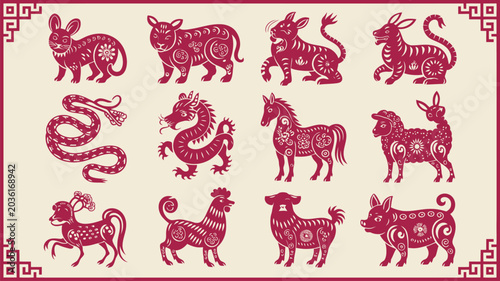 Photography Set of twelve traditional Chinese zodiac animals in paper cut style with decorat