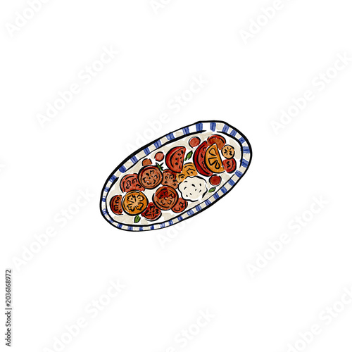 Colorful ceramic plate with food, traditional dish, meal illustration, ceramic tableware