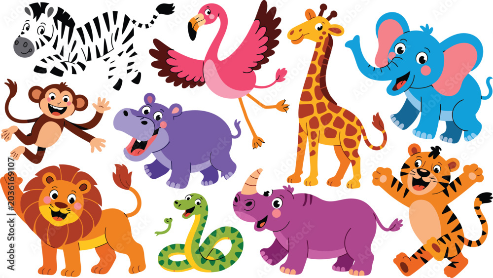 Naklejka premium Colorful cartoon illustration set of cute wild animals for children's books and nursery decor
