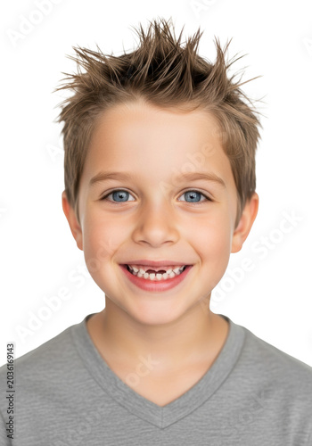 high-key close-up studio portrait of a cheerful 7-year-old caucasian boy with spiky blonde hair and blue eyes, smiling, missing teeth, against a stark white background, no shadows, concept of