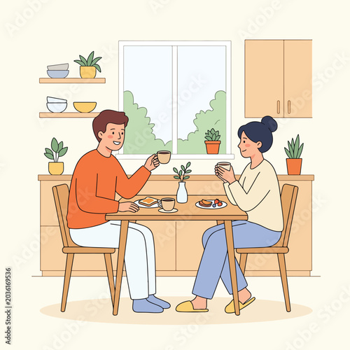Couple enjoying morning coffee together at home in kitchen.