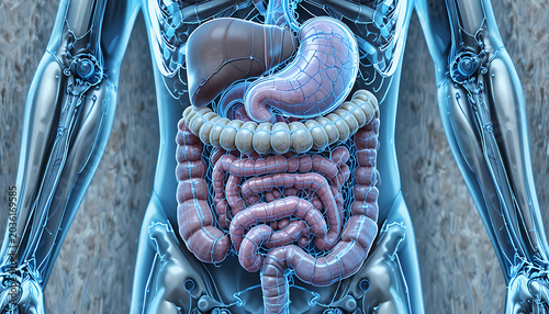 A detailed illustration of the human digestive system with intestines and organs visible through a transparent torso