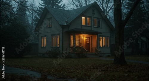 Cozy Illuminated Farmhouse on a Moody Autumn Evening