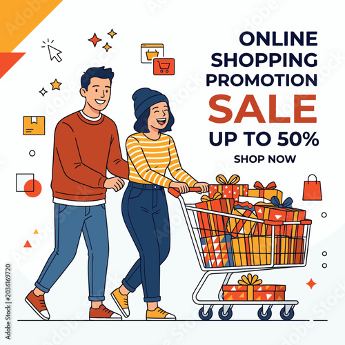 Couple pushing shopping cart filled with gift boxes.