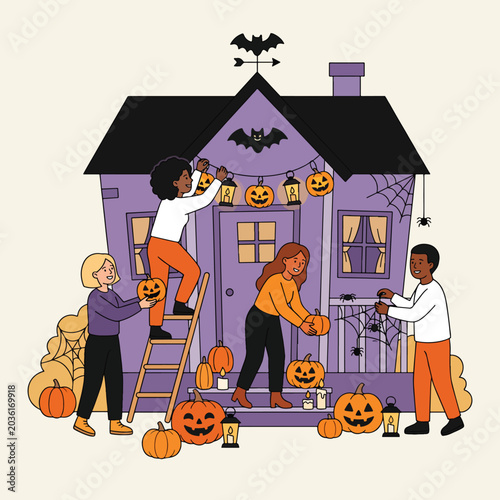 Diverse family decorating their house for Halloween celebration.